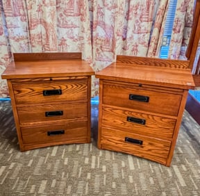 Arts and Crafts style 3 Drawer Oak Night Stands, Pair