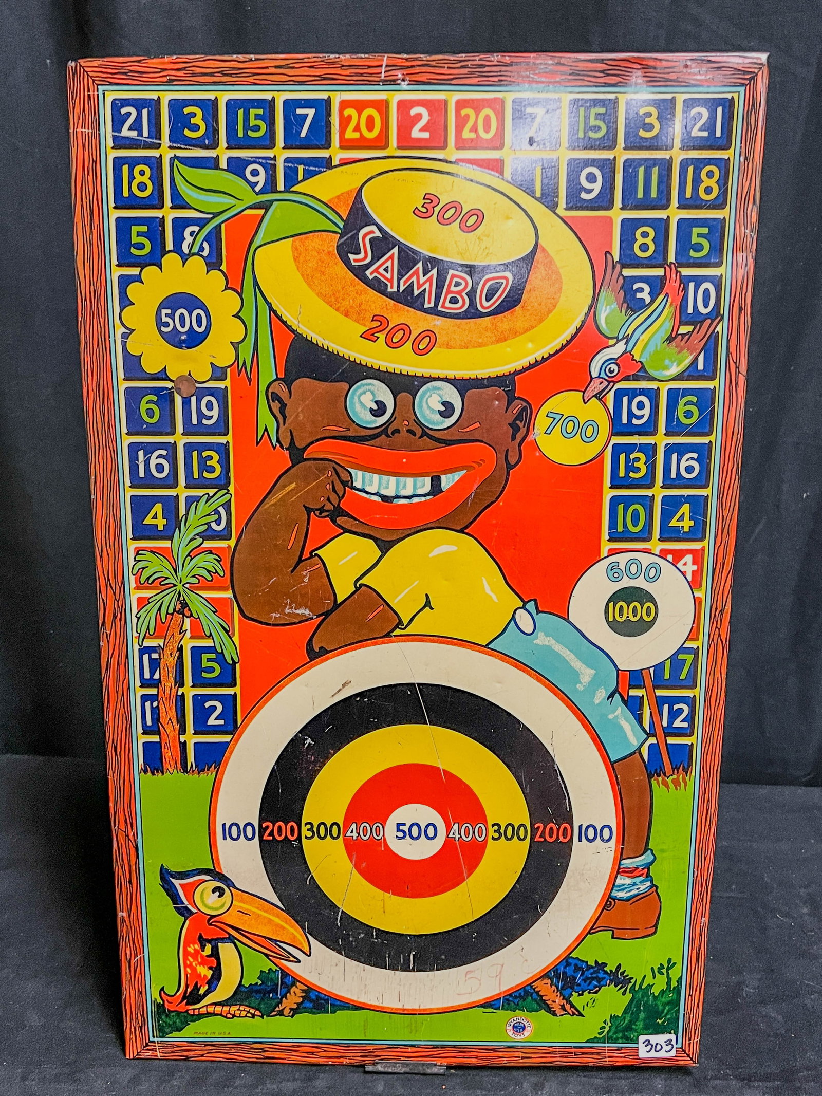 Wyandotte Tin Litho Sambo Game Dartboard Game c.1930/40's: A Wyandotte Tin Litho Sambo game standing Dartboard c. 1930/40's. It measures 23" X 14.5" X 4.5"