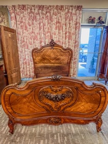 French Heavily Carved Mahogany Bed with custom mattress and box spring