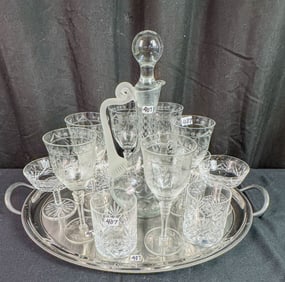 Crystal Decanter, 6 Wheel Cut Goblets, Waterford tumblers and more.