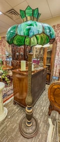 Antique Floor Lamp With Green Slag Glass Shade