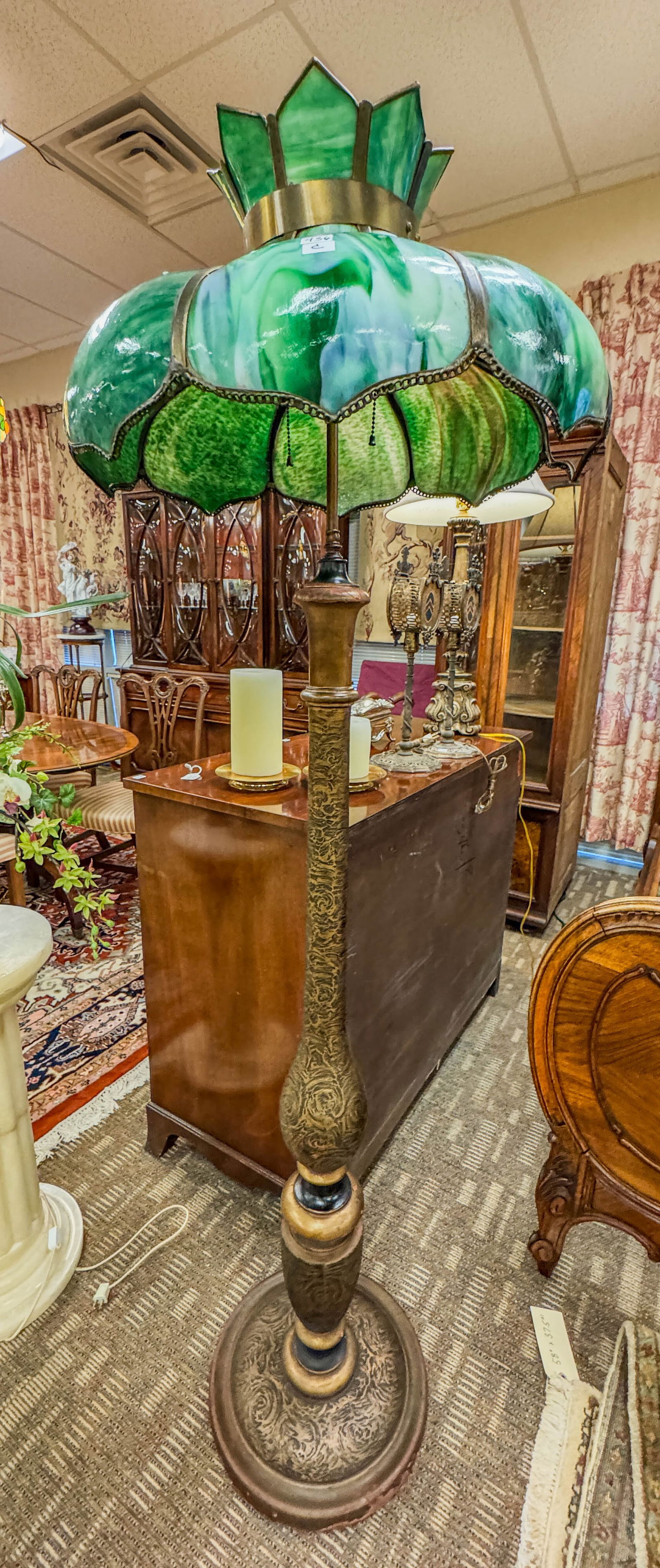 Antique Floor Lamp With Green Slag Glass Shade (1 of 5)