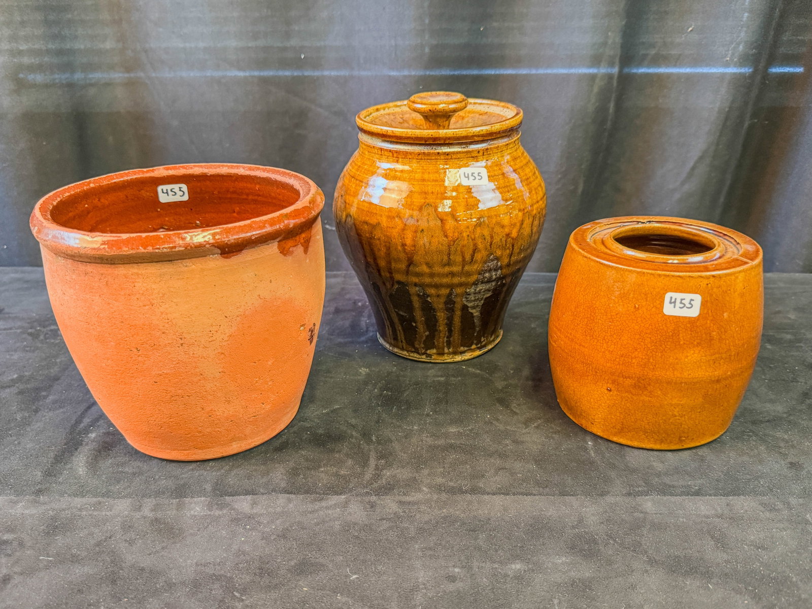 3 Pieces of Glazed Stoneware: 3 pieces of glazed stoneware, jar with lid is signed on bottom.
