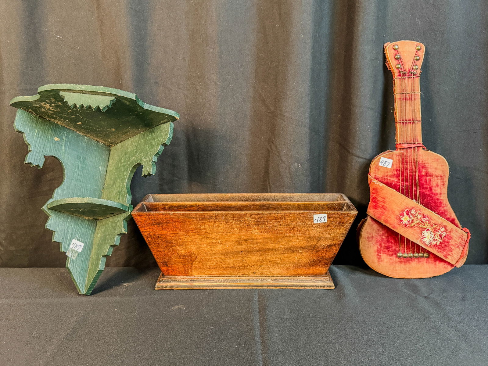 3 Folk Art Pieces to include Wall Shelf, Wood Box and Velvet Violin (1 of 4)
