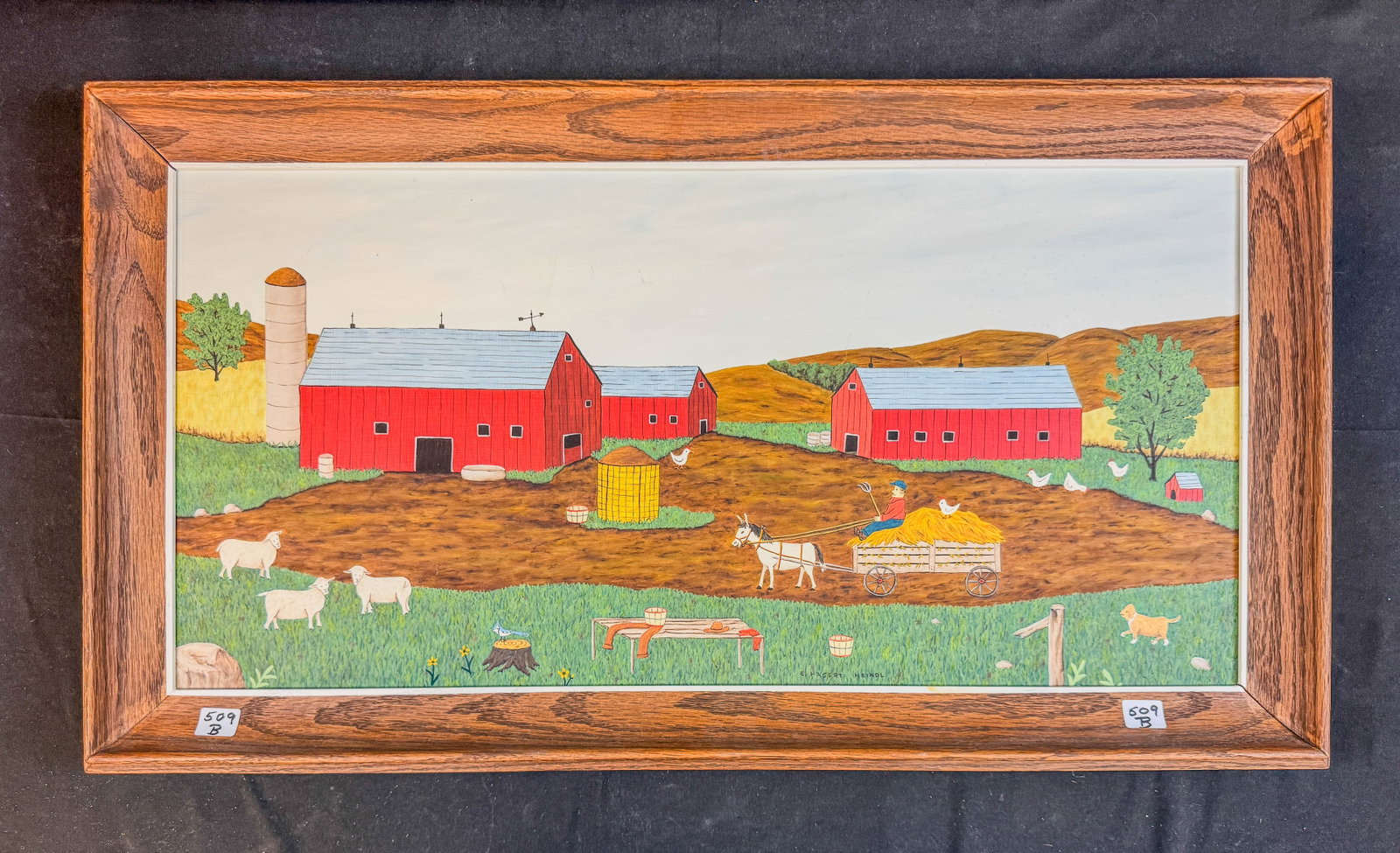 E. Hagert Heindl Country Folk Art Oil on Board Painting: E. Hagert Heindl Country Folk Art Oil on Board. Titled Chick going on a hay ride.