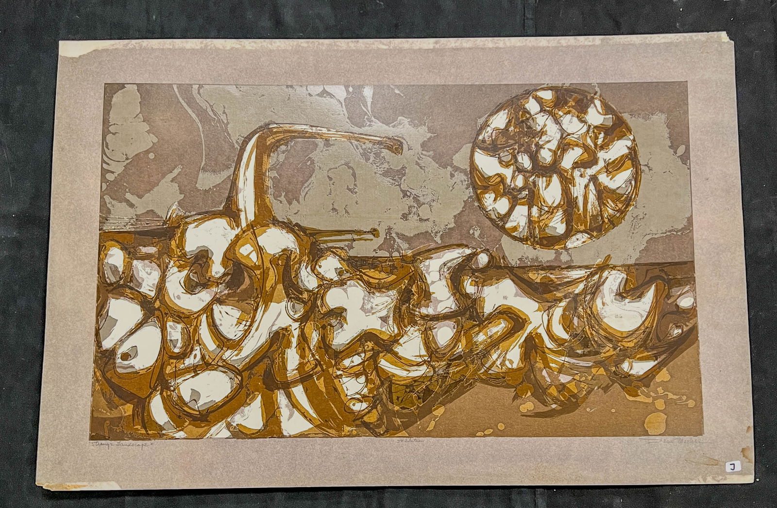 Deen meeker Polymer Intaglio/Serigraph "Strange landscape" c.1970's: This mid-century highly textural polymer intaglio/serigraph is by important noted Wisconsin Artist Dean Meeker 1920-2002). Signed in pencil, titled "Strange Landscape" It is in an edition of 50 and sc