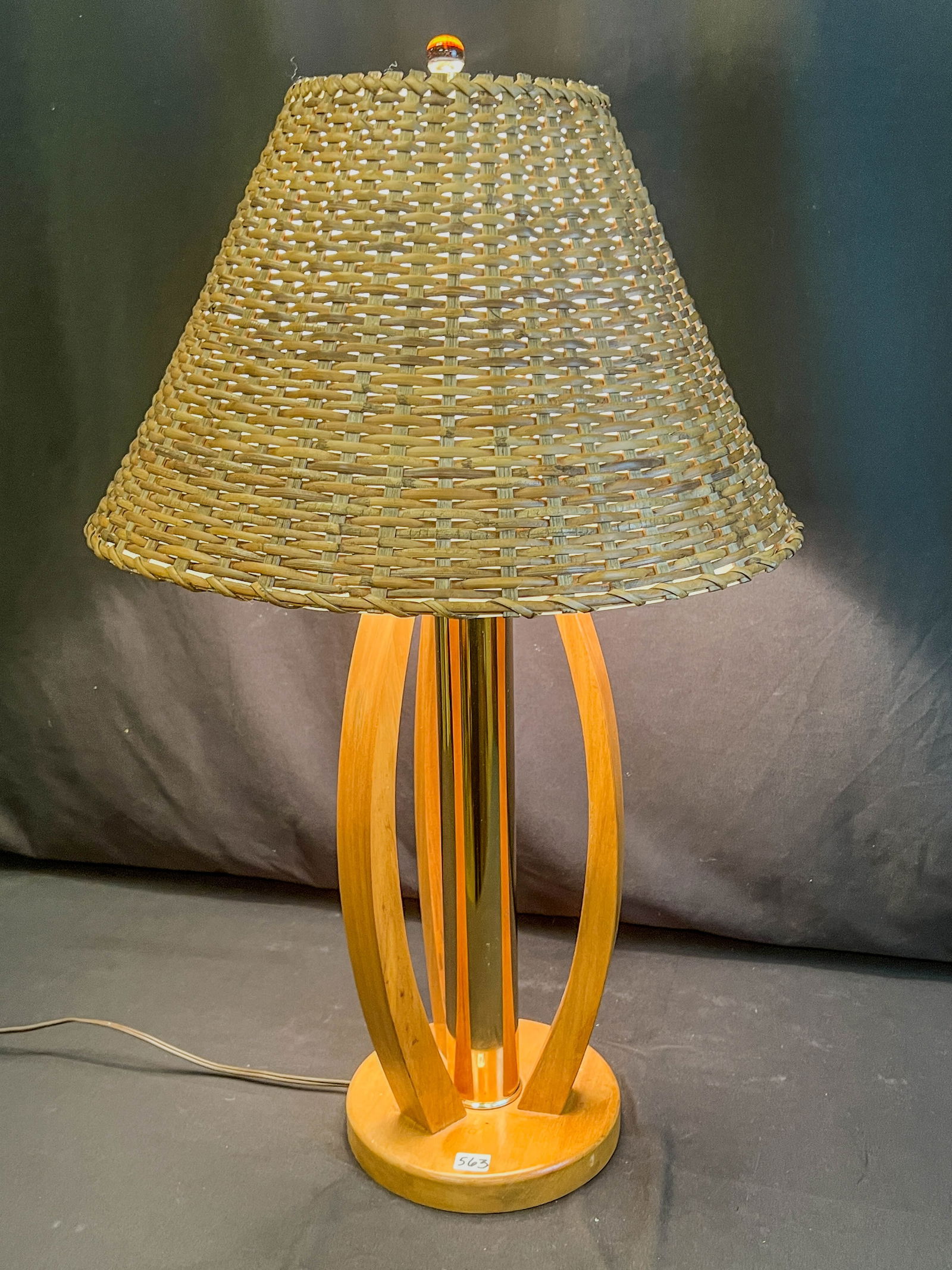 MCM Brass and Oak Lamp with Wicker Shade c.1960's (1 of 7)