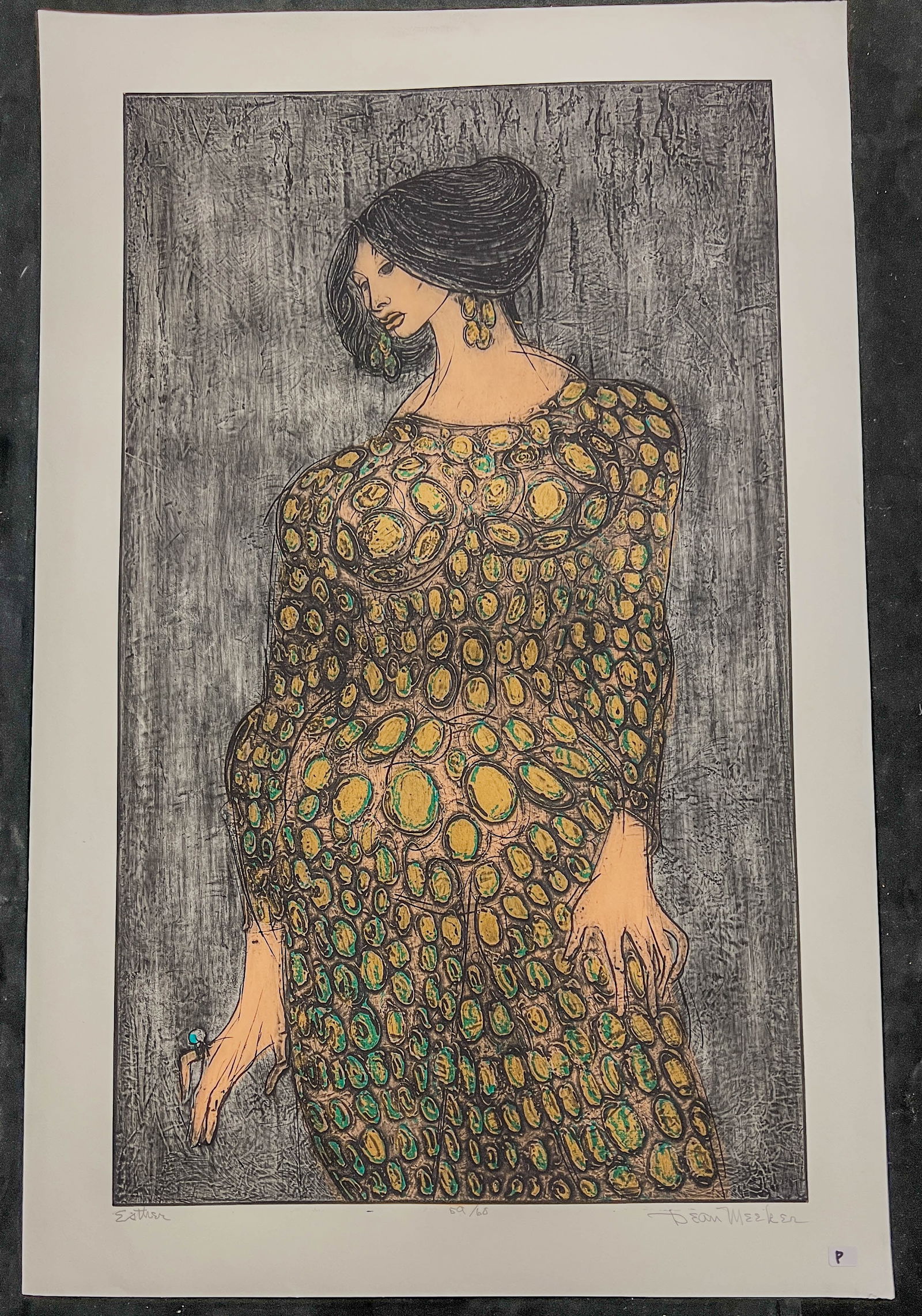 Dean Meeker Signed Intaglio " Esther" c.1960's: This mid-century intaglio/serigraph is by important noted Wisconsin Artist Dean Meeker 1920-2002). Titled "Esther". it is signed in pencil and depicts the biblical heroine Esther. It is numbered 59/60