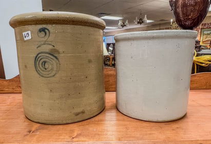 Salt Glaze 2 Gallon Decorated Crock and Another