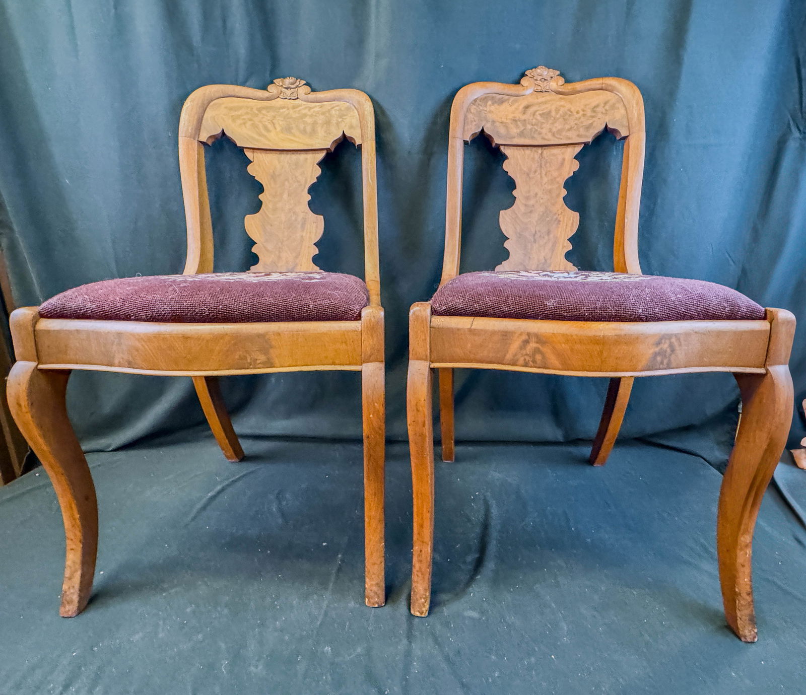 Pair of Pre Civil War Burled Mahogany Needlepoint Side Chairs (1 of 5)