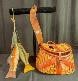 Antique Childs Fishing Creel with Leather Trim and 3 Carved Wood  Folk Art Trout
