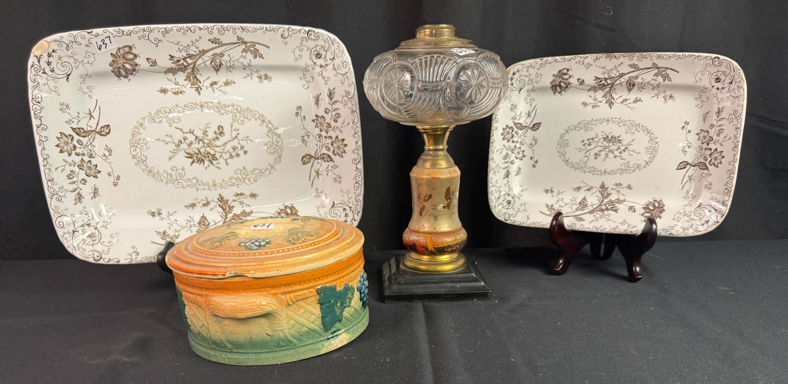 Covered Butter and 2 Ironstone Platters and an Oil Lamp (1 of 8)