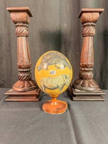 2 Wood Candlesticks and an Ostrich Egg