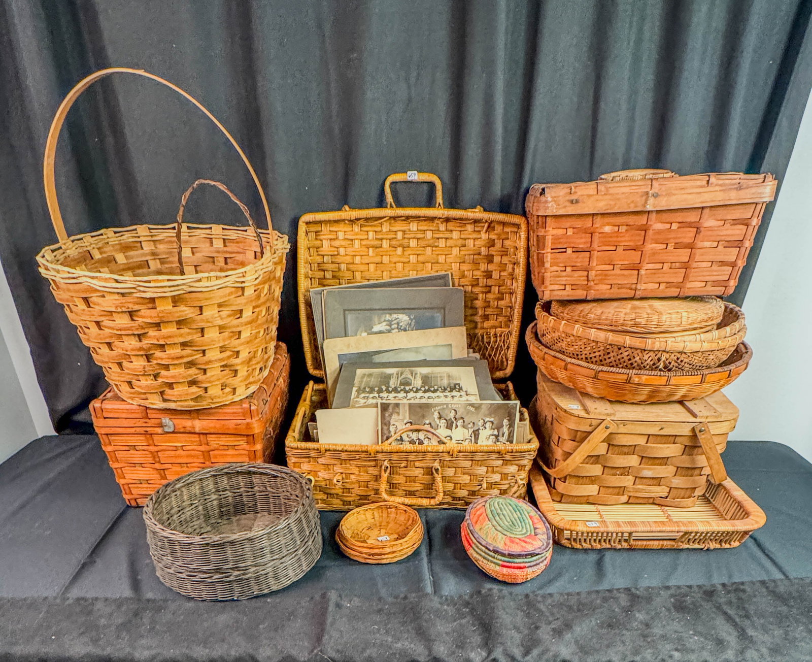 Large Assorted Turn of the Century Photos and Baskets: Large Assorted turn of the century photos and baskets