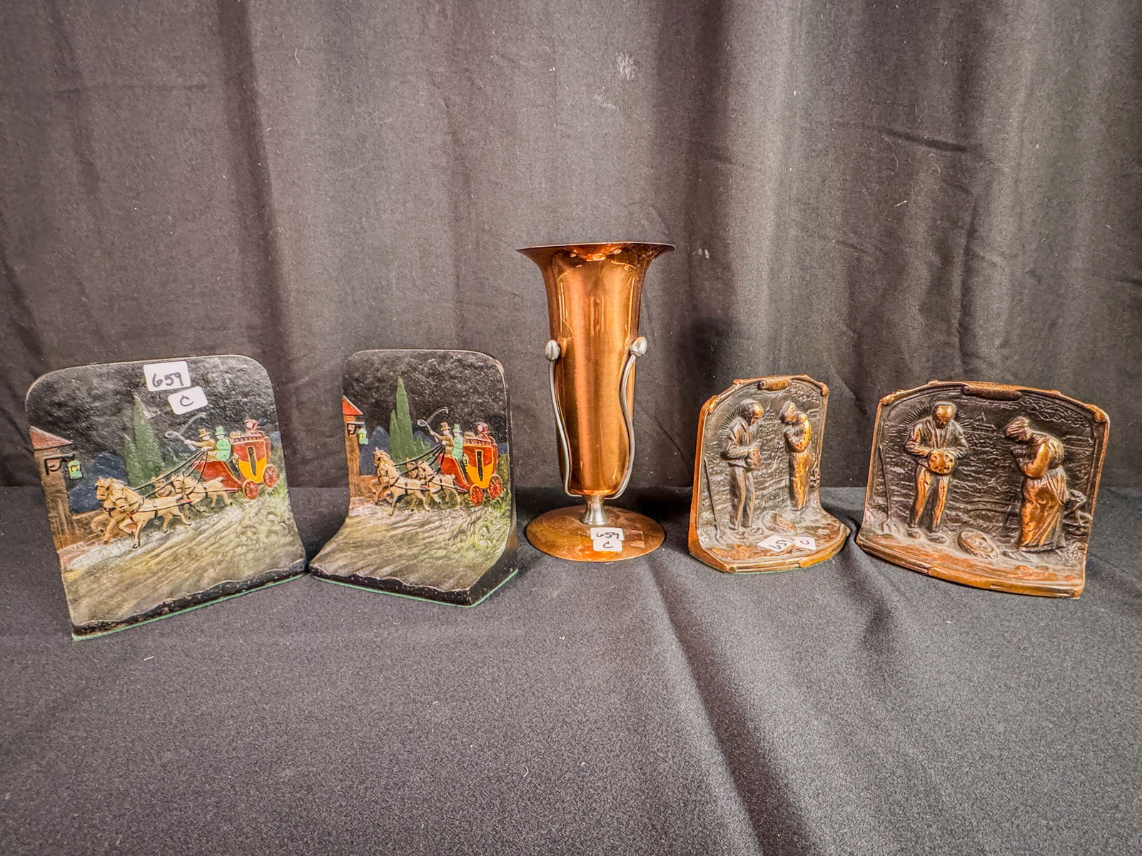 Lot of Copper, Cast Iron Bookends and a Copper Vase: Lot of copper, cast iron bookends and a copper vase