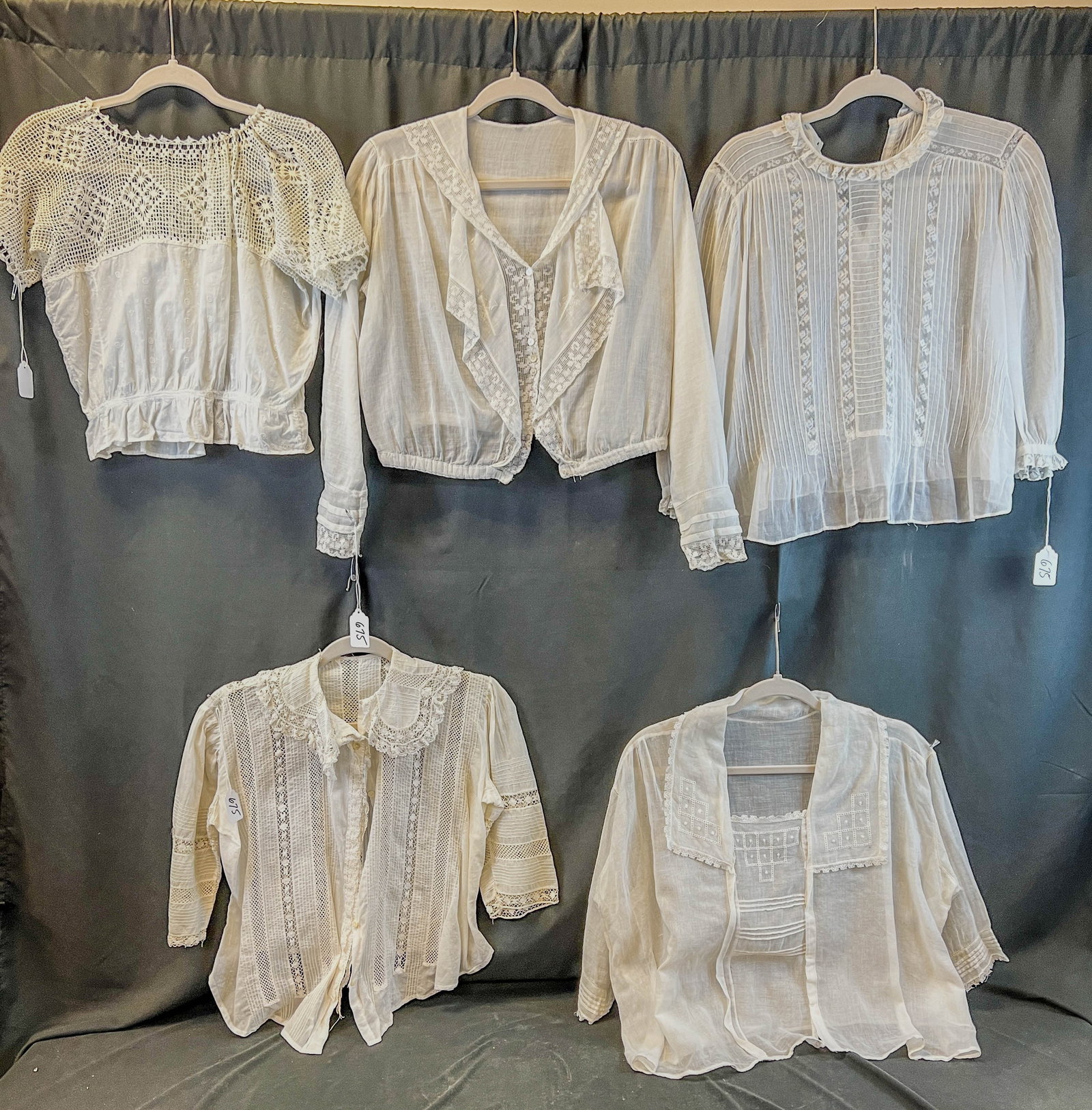 5 Victorian White Cotton Shirtwaists c.1900-1920: These 5 cotton and lace shirtwaists are in good condition , lace, embroidery and piping and feature crochet, lace, embroidery and piping.