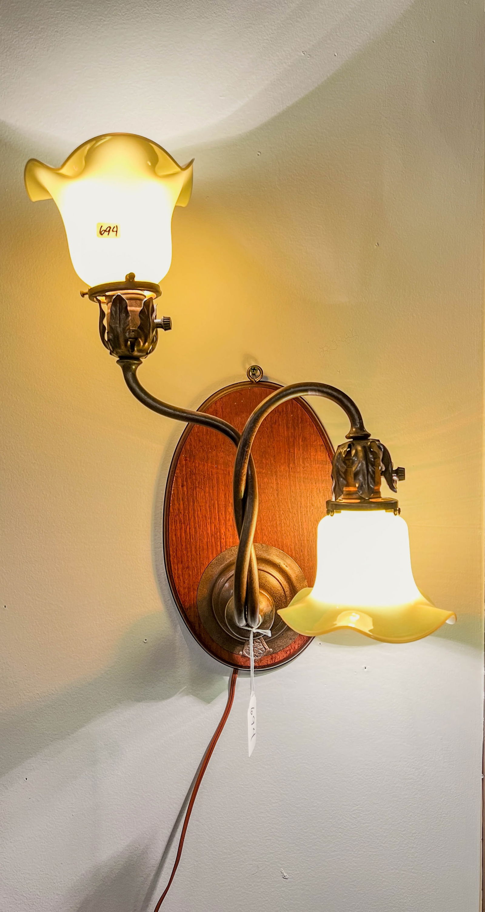 Unusual Electrified Brass Gas Fixture with Custard Shades c.1900 (1 of 9)