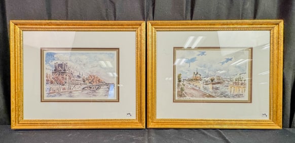 A pair of french watercolors depicting river scene artist signed.