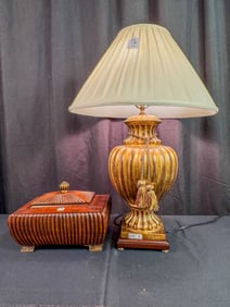 Designer bulbous and ribbed table lamp with silk shade and a covered and ribbed jewel kasket