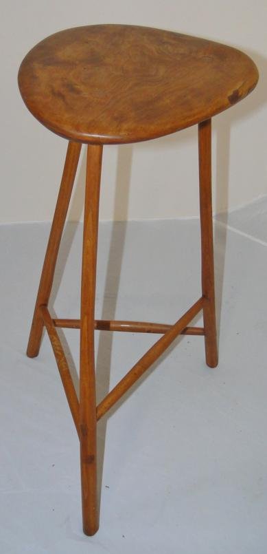 Wharton Esherick walnut & oak 3 leg stool. Signed & dat: Wharton Esherick walnut & oak 3 leg stool. Signed & dated on the underside. Dated 1947.