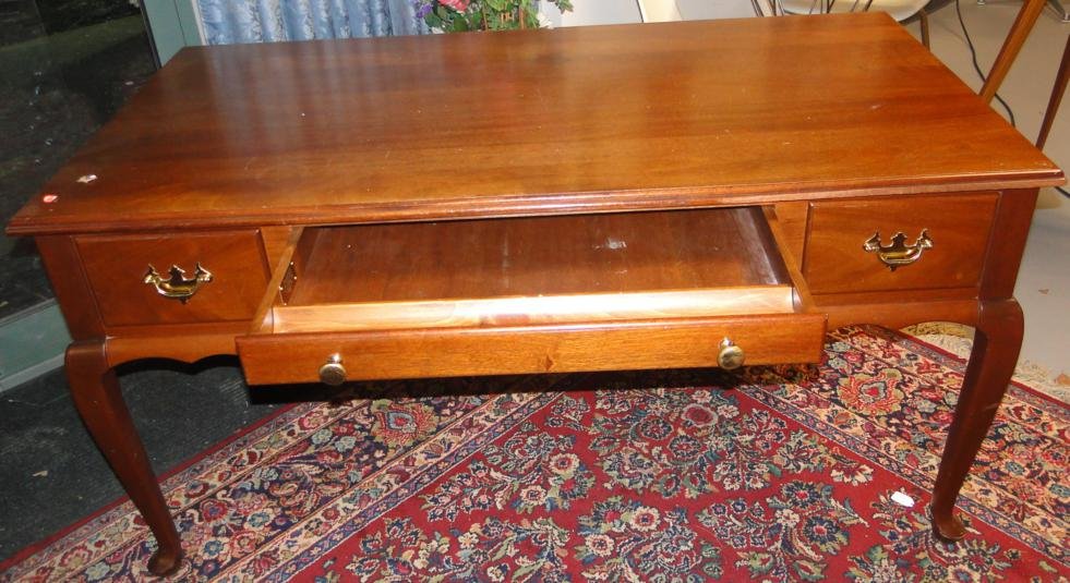 Oversize mahogany Queen Ann style ladies writing desk w: Oversize mahogany Queen Ann style ladies writing desk w/ brass inscription that reads "Made Expressly for Mr. Robert Kidon by the Cobblepeg Shop, Sheboygan, WI., 1985". Est. value $250-350