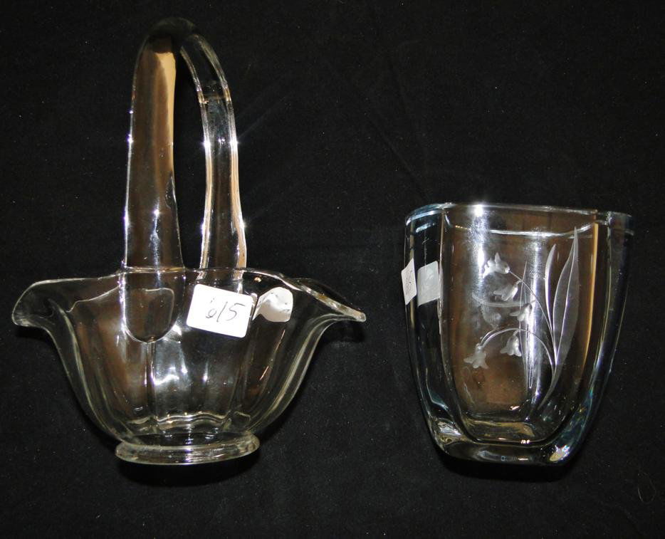 2 Orrefors crystal vases along with a crystal basket: 2 Orrefors crystal vases along with a crystal basket