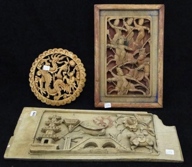 3 handcarved oriental wall wood fragments. 3 dimensiona: 3 handcarved oriental wall wood fragments. 3 dimensional. Est. value $100-200