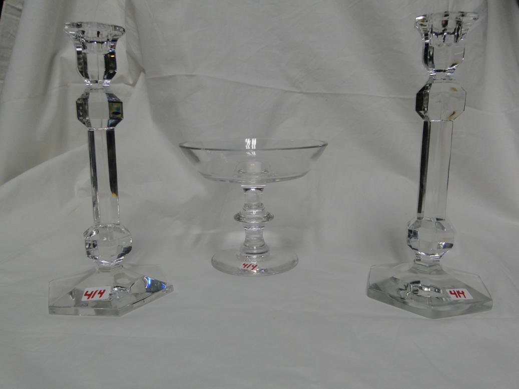 Val St. Lambert set- 2 crystal candlesticks & compote-: Val St. Lambert set- 2 crystal candlesticks & compote- signed. Candlesticks measure 9.5" Compote measures 5.25".
