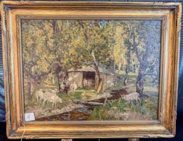 C. 1900-1920 Oil on Canvas of Sheep in River Woodland Scene
