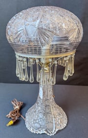 c.1920 Pressed Crystal Mushroom Shade Lamp with Tear Drop Prisms