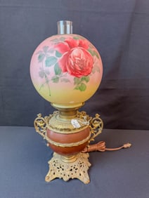Bradley & Hubbard Gone with Wind Electrified Oil Lamp w/Hand Painted Rose Shade