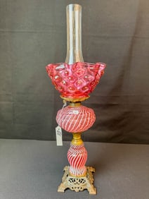 Antique Cranberry Glass Swirl Oil Lamp