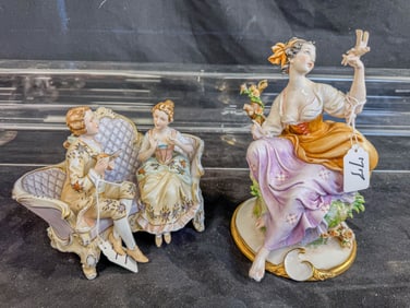 Dresden Style Figurines of Couple on Sofa and Woman with Dove