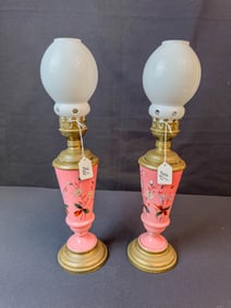 Pair of French Pink Case Glass Candle Lamps
