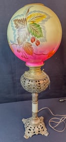 Fancy Banquet Lamp W/Large Hand Painted Shade and Filigreed Marble and Brass Base