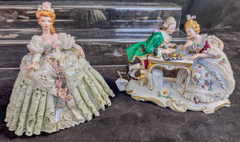 Early Dresden Crown Mark Porcelain Figurines of Woman and Gentleman