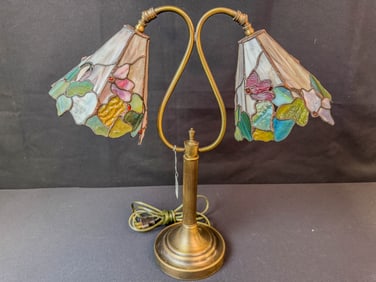 Two Arm Vintage Stained Glass Floral Lamp