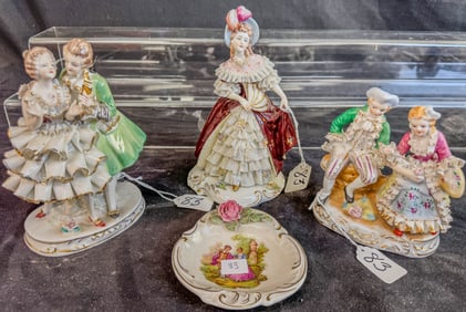 Three Porcelain Dresden Figurines and Ring Dish