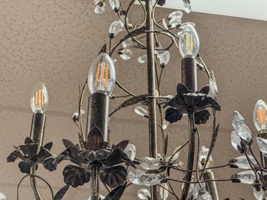 Large Crystal Tear Drop and Metal Leaf 12 Armed Chandelier. Designer.