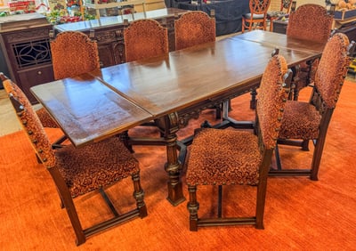1920s Jacobean Refractory Dining Table with Velvet Upholstered Chairs