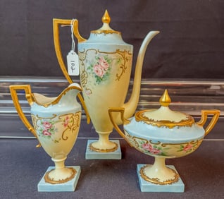 Hand Painted Belleek Willets Teapot, Creamer and Sugar
