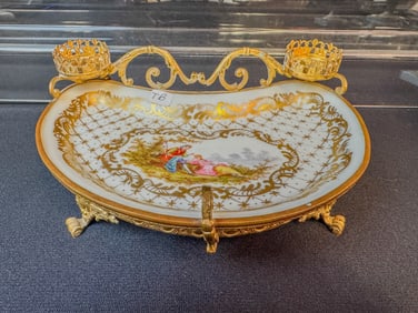Meissen Hand Painted Porcelain and Brass Ormolu Vanity Tray