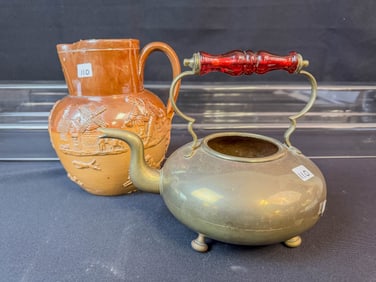 English Glazed Pitcher and Brass Teapot