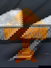 Arts & Crafts Oak & Slag Glass Lamp with Beaded Fringe