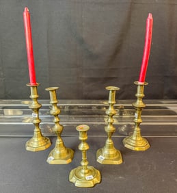 5 Brass Candlesticks 18th Century