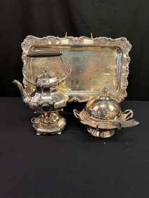 Silverplate Tea Kettle on Stand, Covered Butter and Tray
