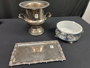 Victorian Silverplate and Porcelain Fruit Server, Card Catcher and Champagne Bucket