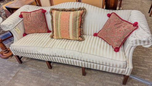 Camel-back Mahogany Trimmed Sofa in White and Cream Stripes