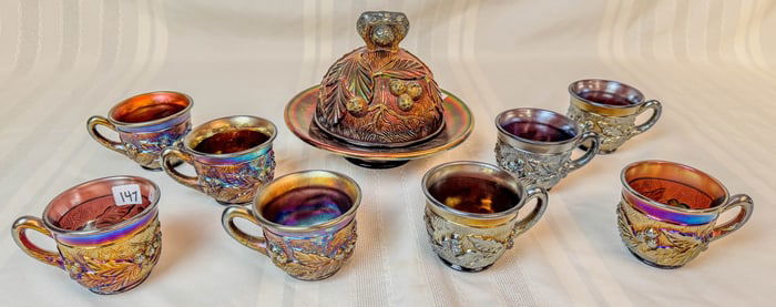 Northwood Carnival Glass c. 1910 Covered Butter and Punch Cups