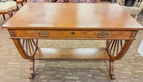 Rare Victorian Spindled and Carved Oak, Single Drawer Library Table